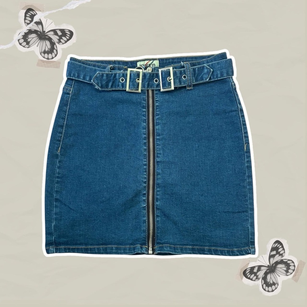 Denim Blvd Women’s Size Small Mini Blue Jean O-Ring Zipper Skirt with Belt